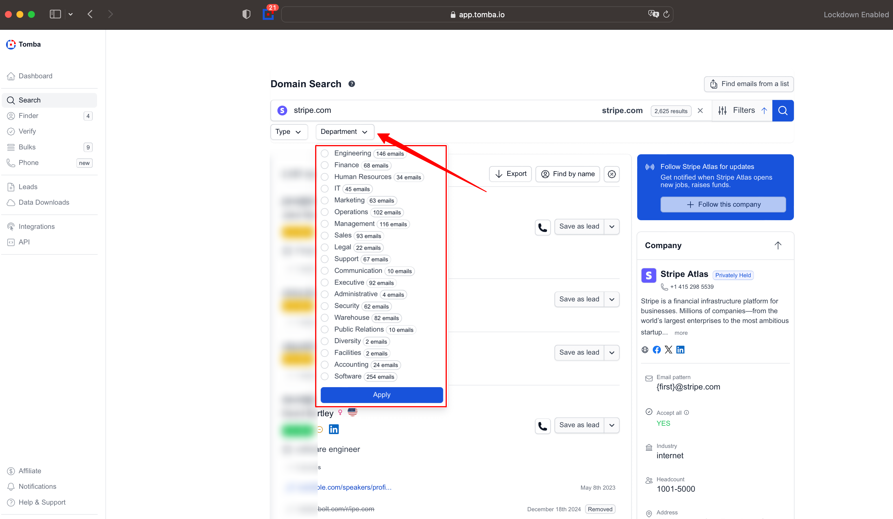 email lookup results dashboard showing verified emails